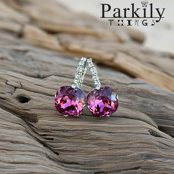 Jewelry - Cushion Cut dark Rose Pink Crystal Drop Earrings